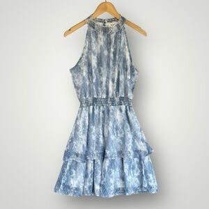 Peach Love California Blue Tie-Dye Halter Tiered Mini Dress